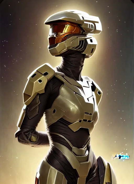 Prompt: glamorous american portrait, seductive eyes and face, elegant, lascivious pose, very detailed face, studio lighting, photorealism, wearing Forerunner armor from Halo portrait by Magali Villeneuve and Steve Argyle,Livia Prima,Mucha,dress,fantasy art,beautiful,artstation,trending on artstation,intricate details,alluring,masterpiece