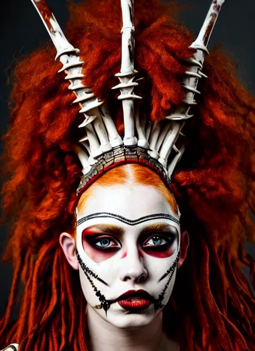 Image similar to a single fierce looking beautiful young woman warrior with curly red hair and symmetrical white makeup, wrapped in leather straps, wearing an intricate head dress made from bones and leather, painted by turner, intricate linework, radiant light, detailed and intricate environment