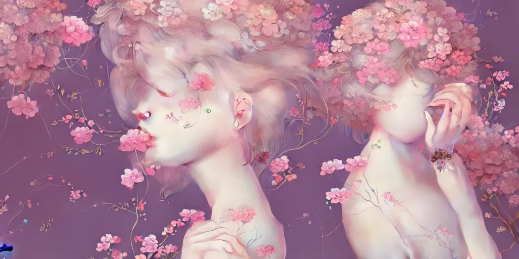 Image similar to breathtaking delicate detailed concept art with flowers and girls, by hsiao - ron cheng, bizarre compositions, exquisite detail, pastel colors, ornate background, 8 k