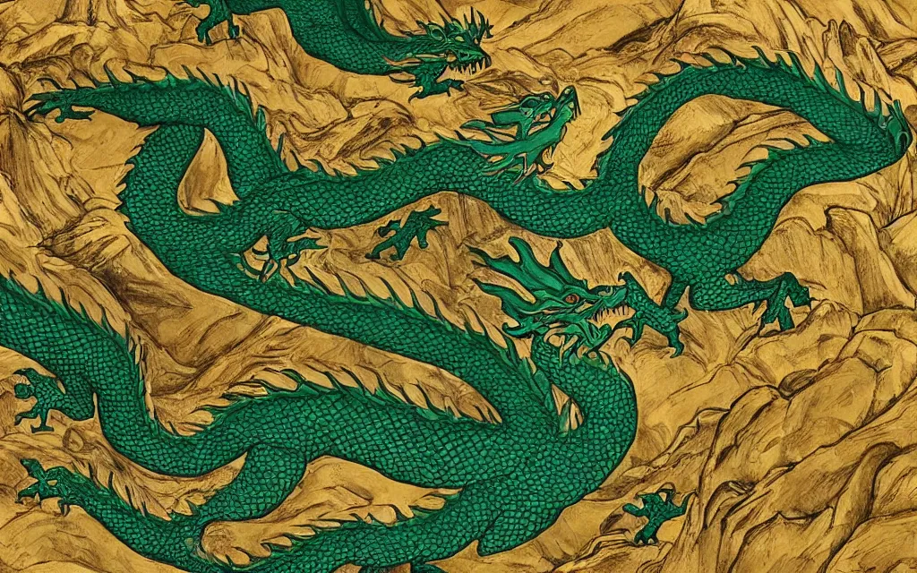 Image similar to green dragon overseeing a large gold mountain, view from above, detailed art