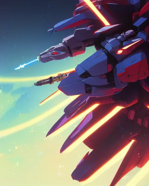 Image similar to highly detailed vfx portrait of a gundam with wings of feathers beam saber fighting in space with a beam gun, unreal engine, greg rutkowski, loish, rhads, beeple, makoto shinkai and lois van baarle, ilya kuvshinov, rossdraws, tom bagshaw, alphonse mucha, global illumination, detailed and intricate environment