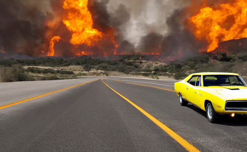 Prompt: a yellow 1 9 6 9 dodge charger daytona driving on a freeway. fire explosion in the background, action scen. realistic. high resolution. dramatic