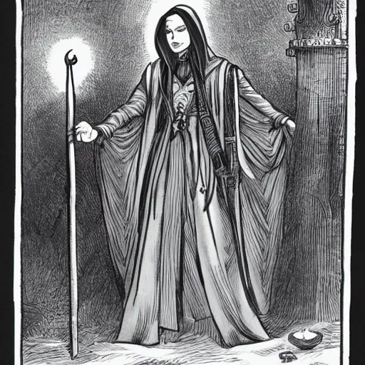 Image similar to an attractive female necromancer mage symmetrical, donned in black cloak with purple staff