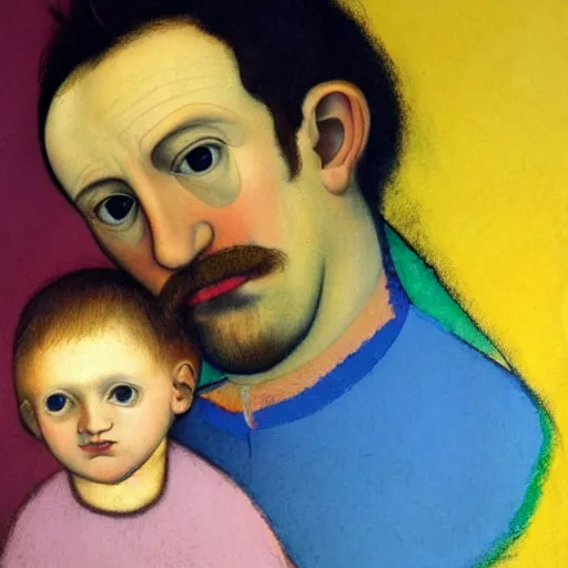 Prompt: detailed half-lenght portrait of a father with child. childrenbook illustration in the style of Caravaggio and Raffaello and Paul Klee. vibrant pastel tones. matte background. HD 8x