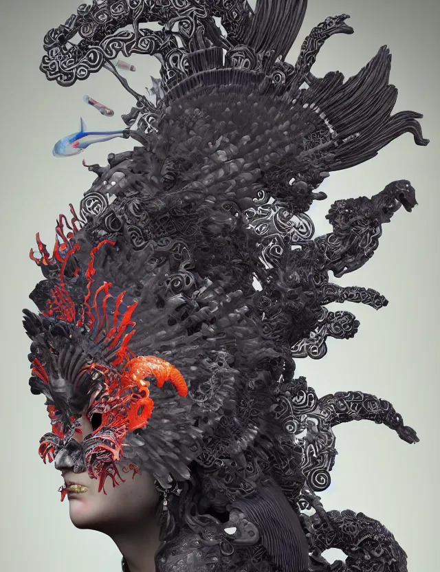 Image similar to 3 d goddess of hell close - up profile portrait with ram skull. beautiful intricately detailed japanese crow kitsune mask and clasical japanese kimono. betta fish, jellyfish phoenix, bio luminescent, plasma, ice, water, wind, creature, artwork by tooth wu and wlop and beeple and greg rutkowski