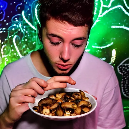 Prompt: a lonely eboy enjoying mushrooms on a psychodelic night