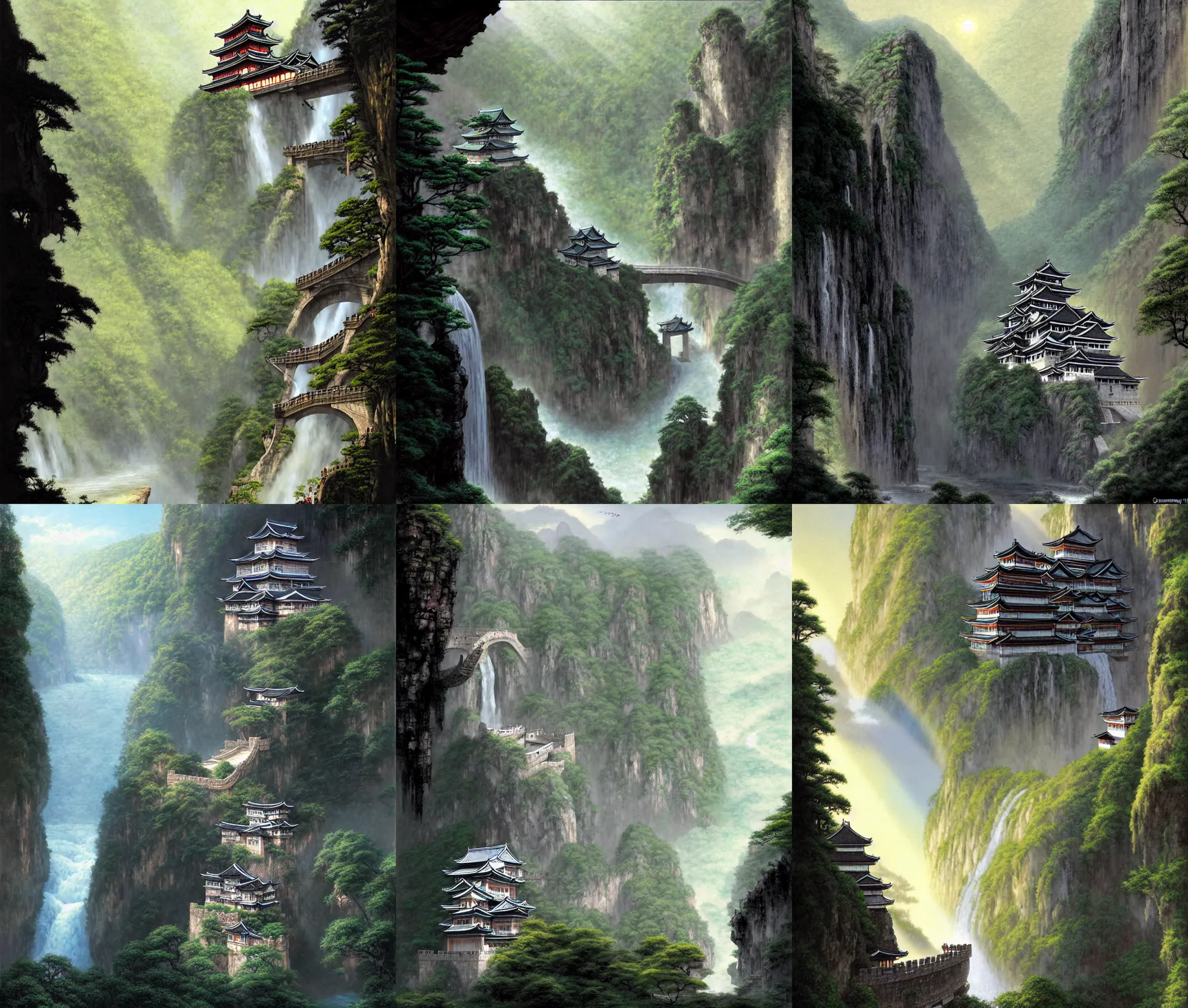 Prompt: establishing wide shot inside han son doong with waterfalls on either side of the cliff walls, at the top of the cliff is a japanese castle, a cloister is built into the cliff walls, an old suspension bridge spans the walls, sunny morning light, sunbeam, raking light, detailed digital concept art by gerald brom and james gurney