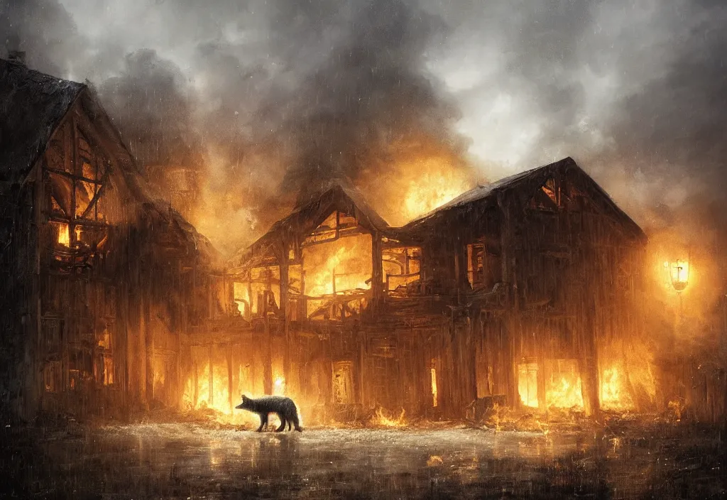 Prompt: a white wolf in front of a large burning timber house, artstation, jakub rozalski, high detail, dramatic lighting, night, rain