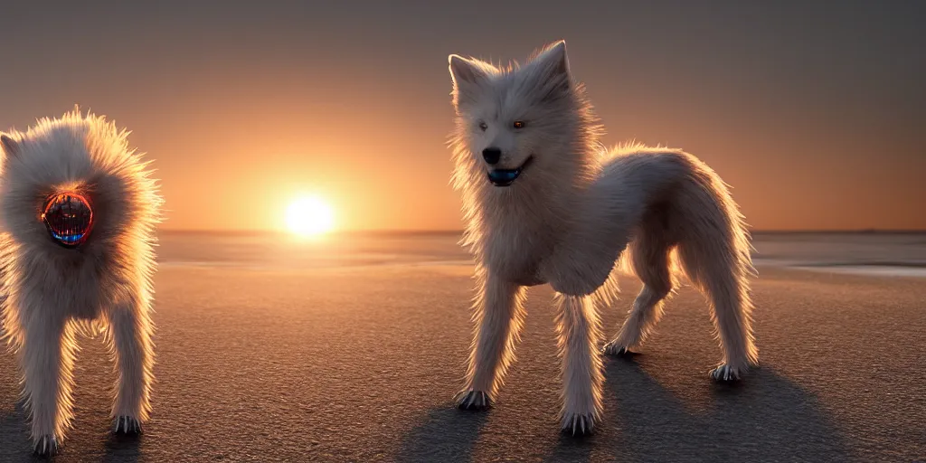 Image similar to a scary, evil, malevolent robotic canine appearance like a japanese spitz, robotic parts fused with the body and head, on a beach at sunset, this 4 k hd image is trending on artstation, featured on behance, well - rendered, extra crisp, features intricate detail and the style of unreal engine. golden hour