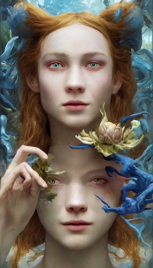 Prompt: epic masterpiece alice in wonderland, sweaty skin, hyperrealistic, octane render, cinematic, beautiful face and flawless skin, perfect hands, 5 fingers, blue, by Edgar Maxence and Ross Tran and Michael Whelan, Legends of Runeterra