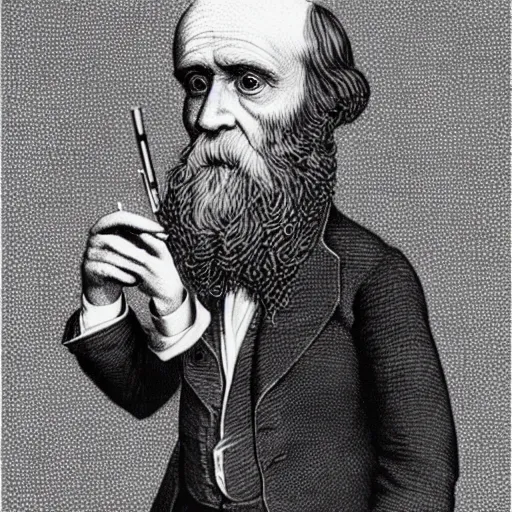 Image similar to Charles Darwin smoking a joint, escher style, portrait
