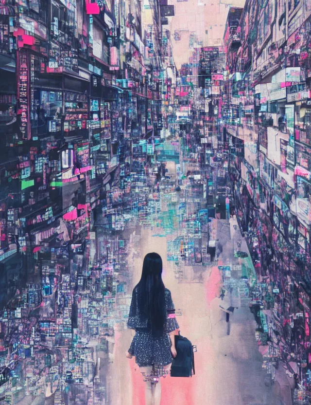 Image similar to dressed korean girl walking the street, redshift, wide high angle view, coloured polaroid photograph with flash, kodak film, hyper real, stunning moody cinematography, anamorphic lenses, by maripol, fallen angels by wong kar - wai, style of suspiria and neon demon and bahnhof zoo, detailed, oil on canvas, glitch datamosh