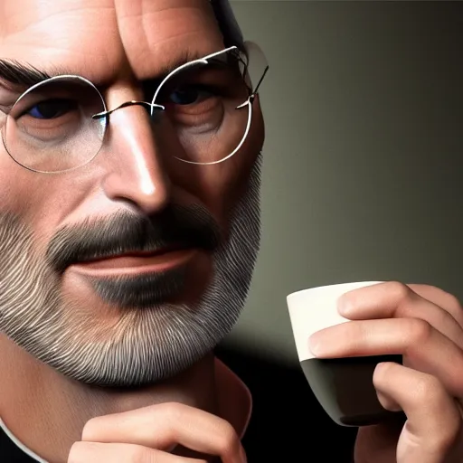 Prompt: A high definition photo of Steve Jobs drinking a cup of coffee in his living room, hyperdetailed, artstation, digital art, photorealism, accurate, 8k,