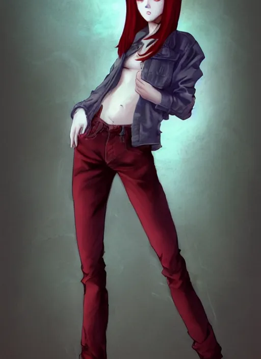 Prompt: full-body shot of an attractive tomboy girl with long, crimson red hair and red eyes, wearing a brown, open jacket and green jeans with a stern look, midriff, concept art, character design, by WLOP, by Ross Draws, by Tomine, by Satoshi Kon, by Rolf Armstrong, Beksinski