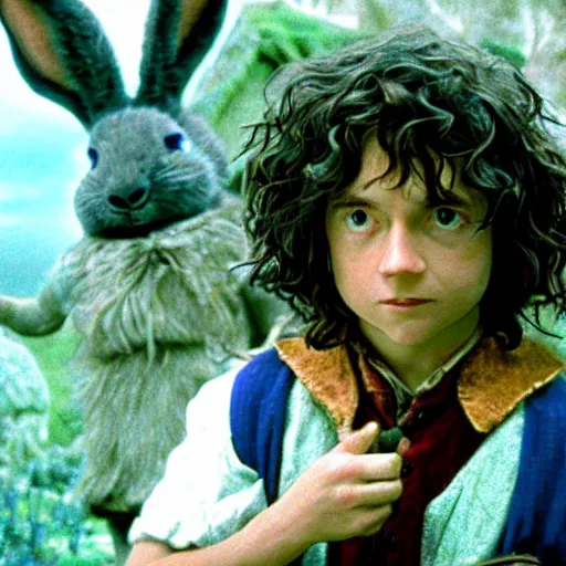 Image similar to Bartook a teen hobbit with short curly dark brown hair wearing a blue vest with a white sash standing next to a giant rabbit, high resolution film still, movie by Peter Jackson