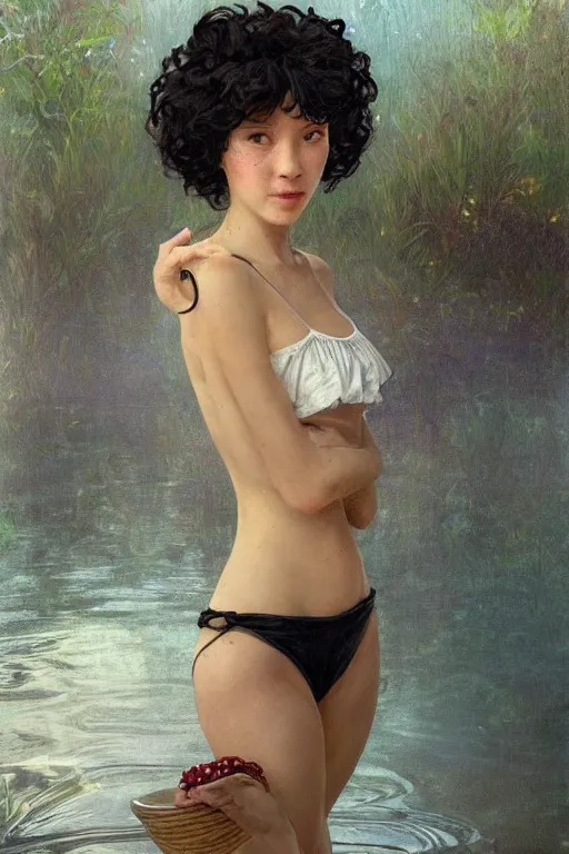 Prompt: beautiful cottagecore of a girl with short black curly hair, round face, cute face, wearing a bikini. Inside the water at a lake. intricate, elegant. highly detailed, digital painting, artstation, concept art, smooth, sharp, focus, illustration. art by artgerm and greg rutkowski alphonse mucha and Marat Safin