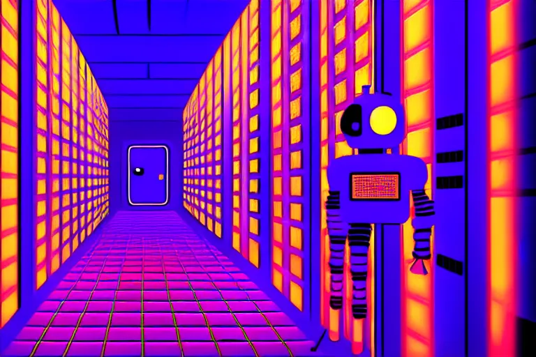 Image similar to realistic robot in a data server room, neon and dark, purple and blue color scheme, by dan mumford and malevich