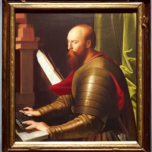 Image similar to Renaissance oil portrait of a man playing warzone on a computer, a soccer ball falling on his head, high-quality realistic oil painting with detailed strokes, robed Renaissance scholar,