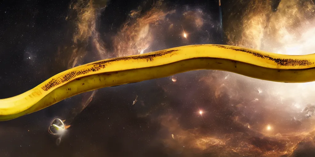 Image similar to giant banana falling through space and time, realistic 4 k octane beautifully detailed render, 4 k post - processing, highly detailed, intricate complexity, epic composition, magical atmosphere, cinematic lighting, masterpiece, ultra hd