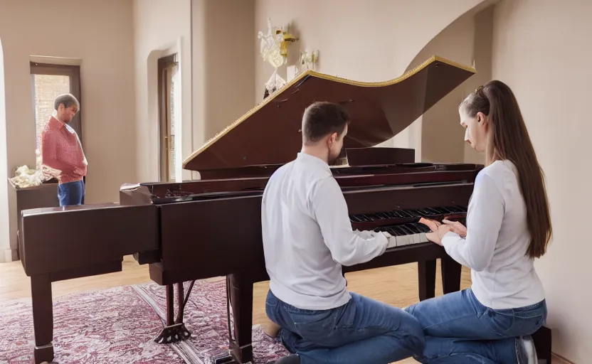 Image similar to a christian couple praying in a room with a piano, photo, sharp, 4k