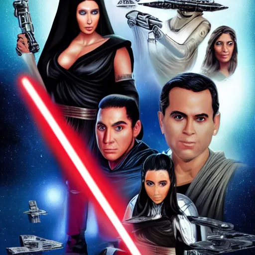 Image similar to super detailed star wars movie poster with ben shapiro, snooki and kim kardashian, 8k full HD photo, cinematic lighting, anatomically correct, oscar award winning, action filled, correct eye placement,