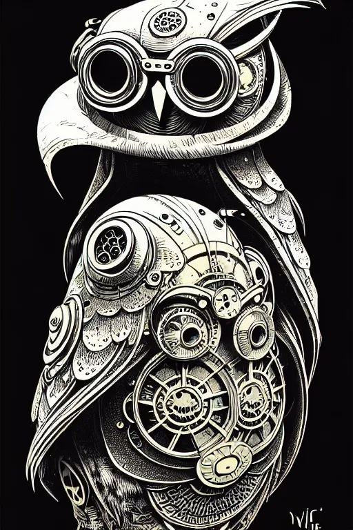 Image similar to side view of a ancient alchemist steampunk owl, high details, lineart, by vincent di fate and joe fenton,, inking, screen print, masterpiece, trending on artstation, sharp, high contrast, hyper - detailed, hd, 4 k, 8 k