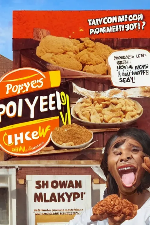 Prompt: an advertisement for popeyes new chicken, called chicken poop manure, smelly, shitty, stinky, poop sauce included!