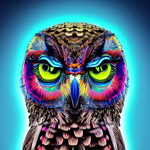 Image similar to Shambhala, neon tribal eurasian owl, pastel neon, photorealistic render 8k intricate, elegant, highly detailed, smooth, sharp focus, detailed face, high contrast, dramatic lighting, graphic novel, art by Ardian Syaf and Michael Choi