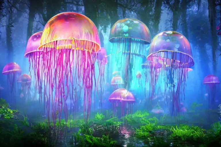 Image similar to An enchanted fantasy forest. Floating jellyfish. Colorful. Cinematic lighting. Photorealism.