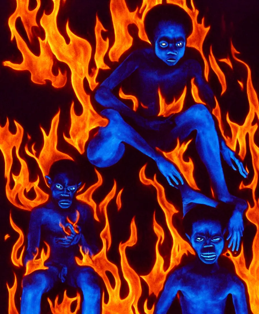 Prompt: a realistic photograph of a black boy left all alone in blue demon flames, sitting in the middle of iridescent fungal, extremely detailed, 8 k