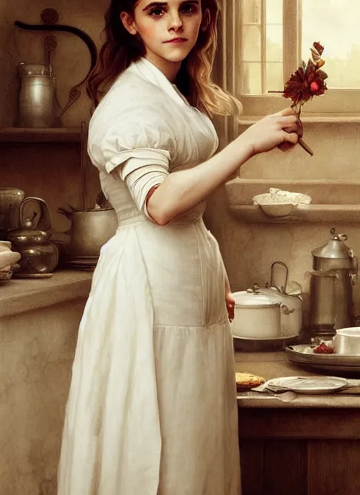 Prompt: portrait emma watson as maid in the kitchen, full length shot, shining, 8k highly detailed, sharp focus, illustration, art by artgerm, mucha, bouguereau