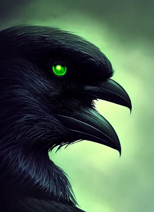 Image similar to side portrait dark crow (animal), close-up, fantasy forest landscape, moonshine, fantasy magic, nice black feather, proud, green dark light night, intricate, elegant, sharp focus, illustration, highly detailed, digital painting, concept art, matte, art by WLOP and Artgerm and Greg Rutkowski and Eddie Mendoza, masterpiece