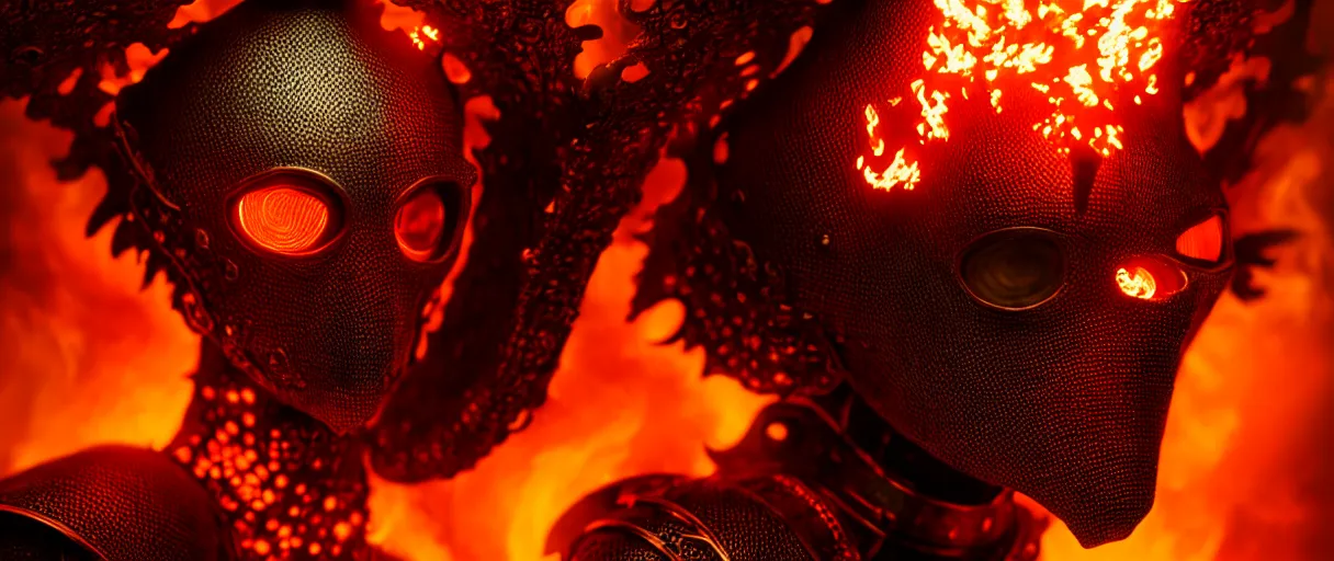 Image similar to hyperrealist highly detailed english medieval portrait of high fashion monster wearing flame fire smoke flame armor, radiating atomic neon corals, concept art pascal blanche dramatic studio lighting 8k wide angle shallow depth of field