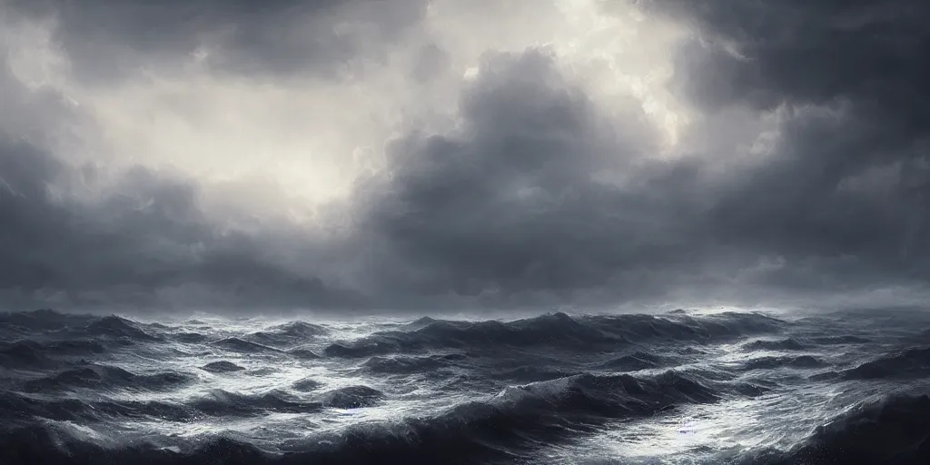 Image similar to of a creepy sea dark turbulent skies, photorealistic, by jessica rossier, 4 k resolution