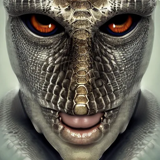 Image similar to A portrait of reptilian, snake eyes, slit pupils, metallic scales, Liz Truss, human-animal hybrid, hyperrealistic, trending on artstation