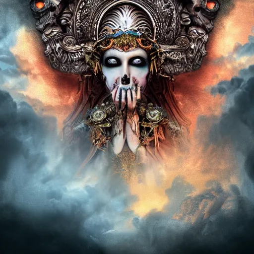 Image similar to a beautiful detailed 3d matte painting of female goddess of the dead, ominous, magical realism, texture, intricate, ornate, royally decorated, skull, skeleton, whirling smoke, embers, red adornements, 8k