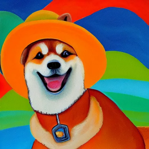 Prompt: oil painting of a shiba inu dog wearing a sombrero, orange background