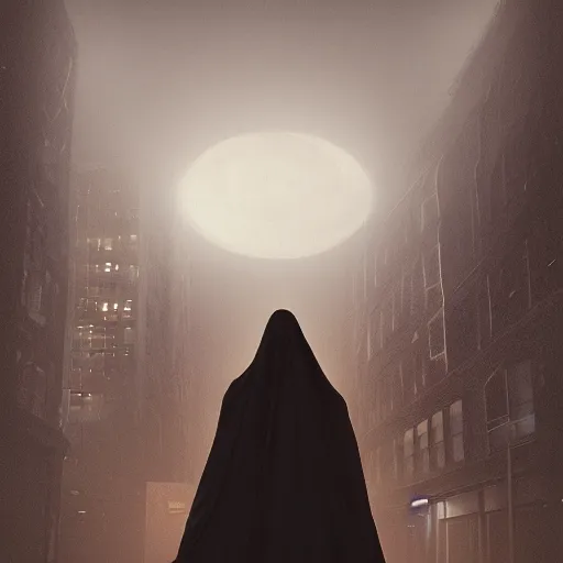 Prompt: digital portrait of ghost under a sheet, floating over a city sidewalk, city night lights, spooky Halloween fun, trending on artstation, 8k, 4k, volumetric lighting, unity