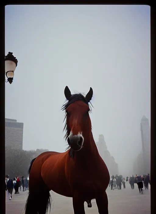 Prompt: a photograph of a horse in front of the metropolitan museum of art, foggy, 3 5 mm, color film camera, pentax