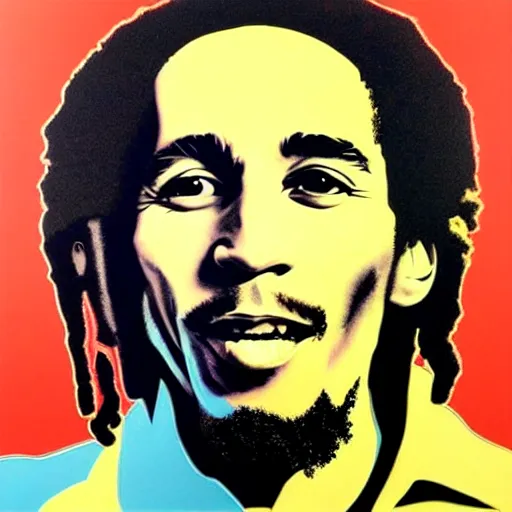 Prompt: Pop-art portrait of Bob Marley in style of Andy Warhol, photorealism