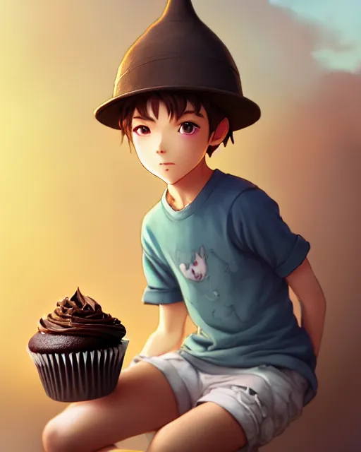 Prompt: a boy as personification of chocolate cupcake, cute hats, unreal engine, highly detailed, digital illustration by artgerm, tooth wu, studio ghibli, deviantart, sharp focus, artstation, a fantasy bakery by studio ghibli, makito shinkai, global illumination, sweets, dog