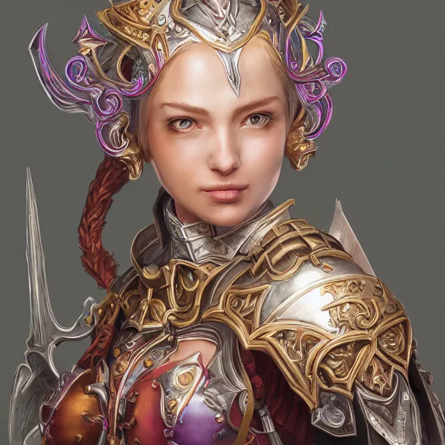 Image similar to studio portrait of lawful good colorful female holy knight paladin as absurdly beautiful, elegant, young sensual pretty woman, ultrafine hyperrealistic detailed face illustration by kim jung gi, irakli nadar, intricate linework, sharp focus, bright colors, matte, octopath traveler, final fantasy, unreal engine highly rendered, global illumination, radiant light, intricate environment