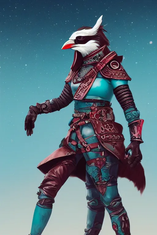 Image similar to female adventurer in tight full - body teal leather armor of japanese design with red accents and a white porcelain crow mask, trending in artstation, japanese, artstation, big moon in the background, establishing shot