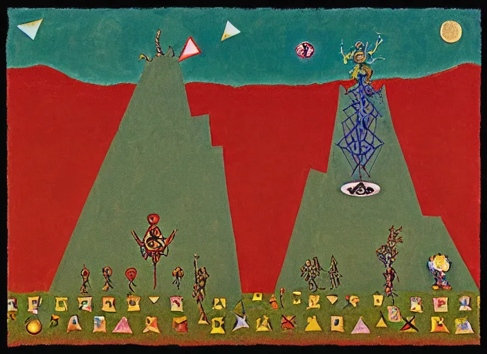 Image similar to pixel decollage painting tarot lovers card composition tower of babel road red armor wonky alien frog and maggot vampire clown knight on a skeleton pale horse in a dark green cloudy night sky with golden foil jewish stars and diamonds, mountain lake and blossoming field in background, painted by Mark Rothko, Helen Frankenthaler, Danny Fox and Hilma af Klint, pixelated, neo expressionism, semi naive, pastel colors, cinematic, color field painting, cave painting, voxel, pop art look, outsider art, minimalistic. Bill Traylor painting, part by Philip Guston, Amano and Francis Bacon. art by Adrian Ghenie and Storm Thorgerson, very coherent symmetrical artwork, cinematic, hyper realism, high detail, octane render, unreal engine, Smooth gradients, depth of field, full body character drawing, extremely detailed, 8k, extreme detail, intricate detail, masterpiece