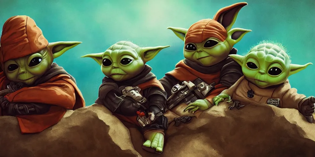 Prompt: close up portrait of the ('Mando' Mandalorian) and ('Baby Yoda' Grogu), on a rocky outcrop with a small bonfire next to their spaceship, refined, dignified, in style of rembrandt and ((don bluth)), bright natural light, saturated colors, very low energy
