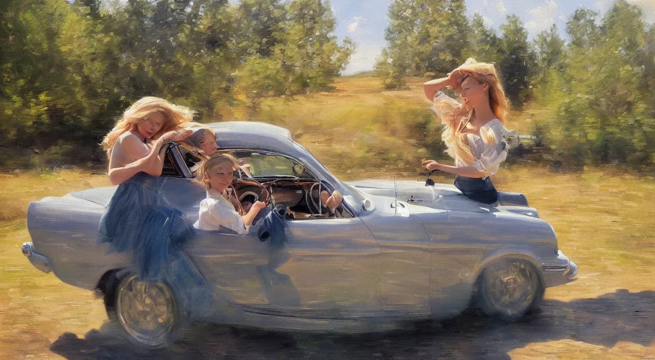 Prompt: 1950 blonde driving a mustang on a country road, Swedish countryside, freedom, dawn, impressionism, realistic, painting by Vladimir Volegov, artstation, beautiful, masterpiece