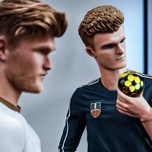 Image similar to a realistic detailed photo of a guy who is an attractive humanoid who is half robot and half humanoid, who is a male android, soccer players martin ødegaard & timo werner, shiny skin, posing like a statue, blank stare, in a living room, on display, showing off his muscles, gold soccer shorts, side view, looking at each other mindlessly