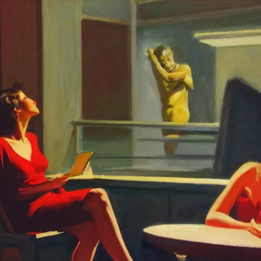 Image similar to hollywood babylon, on the qt, scandal sheet, painting by edward hopper and eric fischl