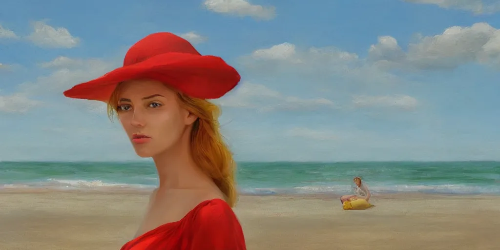 Prompt: beautiful oil matte portrait painting, young woman with red dress and mustard yellow summer hat at a beach on a sunny day, wonderful masterpiece highly detailed, beautiful cinematic light deep focus, elegant, digital painting, smooth, sharp focus, golden ratio, dramatic illumination, ultra realistic, 8 k, art by jimmy law