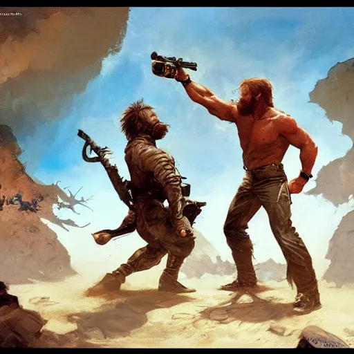 Image similar to cinematic portrait of Chuck Norris fighting Joe Biden by greg rutkowski and frank frazetta and peter mohrbacher and marc silvestri